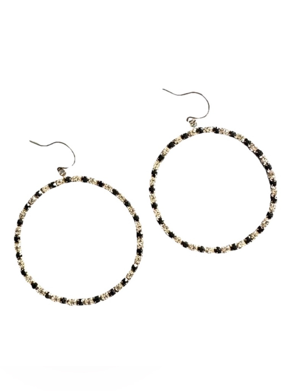 Rhinestone Dangle Hoop Earrings Silver Tone Black and Clear Prong Set Stones
